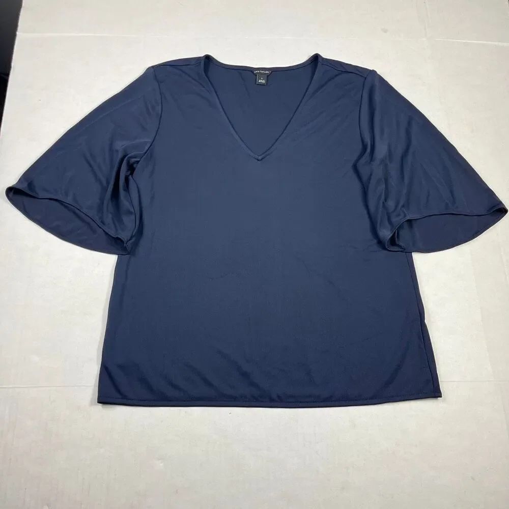 Ann Taylor Flutter Short Sleeve Top Navy V-Neck Casual Workwear Stretch Shirt S